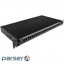 Patch panel 24 ports under 24 adapters SC Simplex/ LC Duplex, пуста,1U, каб.вводи для (UA-FOPE24SCS-B)