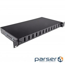 Patch panel 24 port for 12 adapters SC Duplex/ LC Quad, пуста,1U, каб.вводи для 2x (UA-FOP12SCD-B)