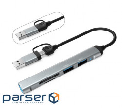 Hub Dynamode USB Type-C/Type-A to 1x USB3.0, 2x USB 2.0, SD/MicroSD card reader, metal, (DM-UH-514)